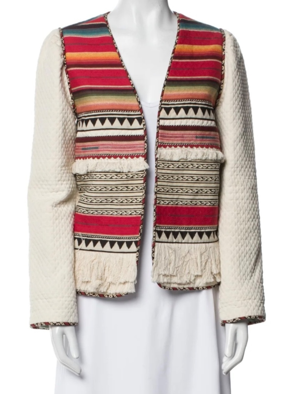 Alix of Bohemia Jacket Aztec Southwestern Quilted Fringe Open Front Large